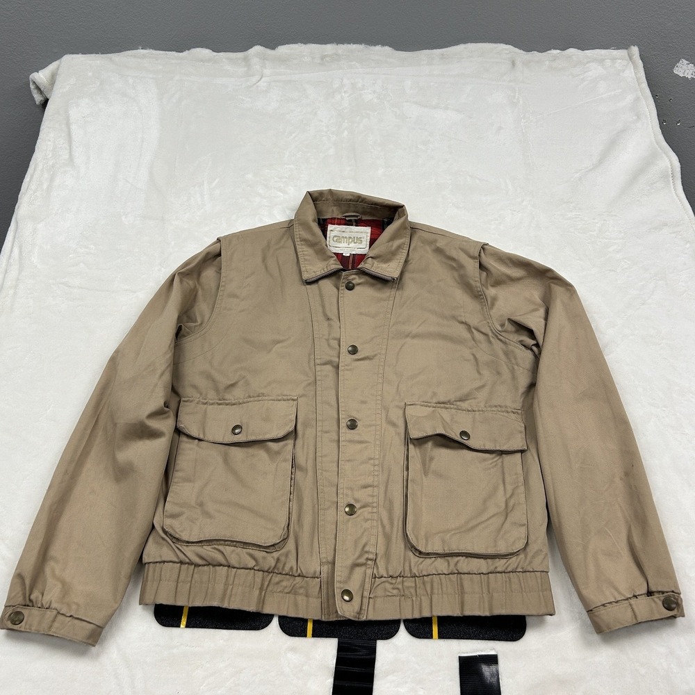 Campus Field Jacket Mens L Tan Plaid Lined Cargo Pocket Vintage Zip Up F1